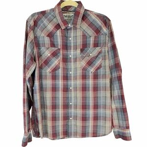 Levi Strauss Men's Burgandyand Gray Plaid Pearl Snap Button Down Shirt